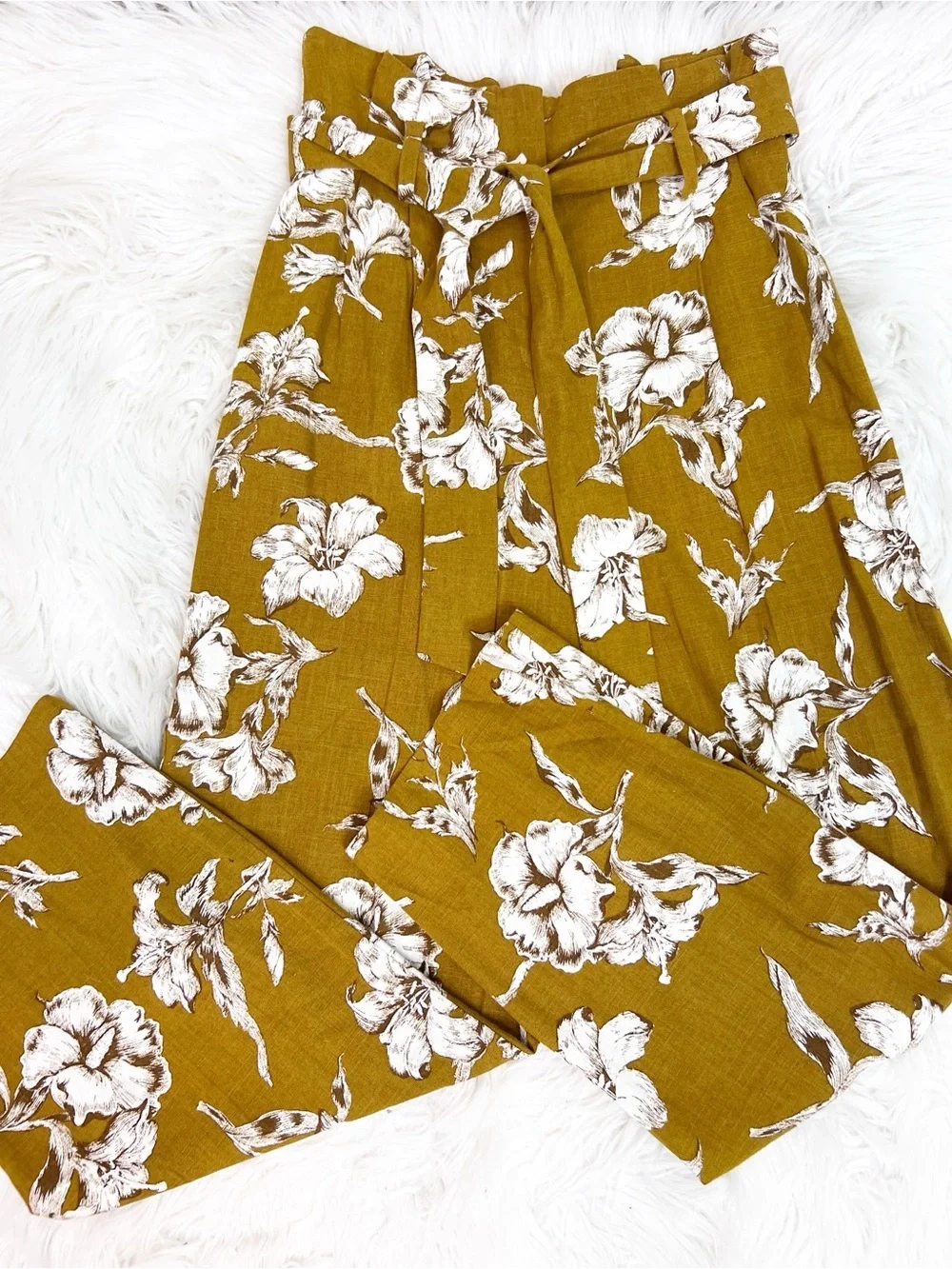 ZARA MUSTARD YELLOW WHITE FLORAL WIDE LEG PANTS TIE BELT WOMENS XS